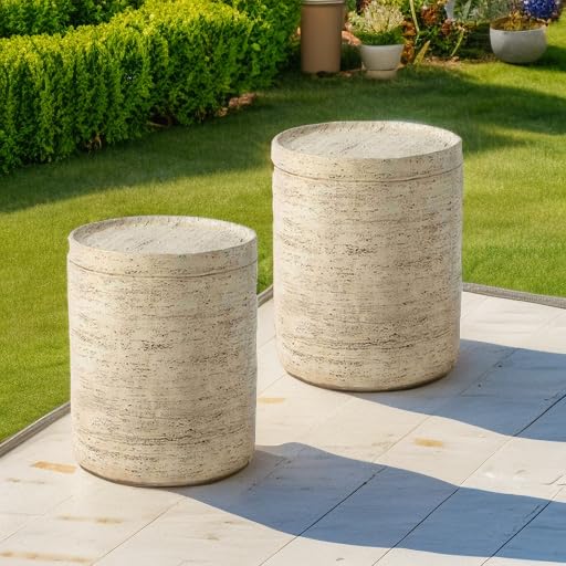 SUNBURY Concrete Side Table Set of 2, Outdoor Side Table for Patio, 14" Outdoor Accent Table Patio Round End Table, Ceramic Garden Stool Log SUNBURY