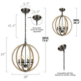 Derksic Orb 6-Light Farmhouse Chandelier 20" Rustic Vintage Wood Chandelier Wooden Globe Chandelier for Kitchen Island Living Room Dining Room Bedroom Foyer Stairwell, Brown Derksic