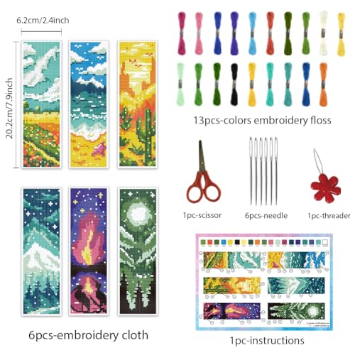 INFUNLY 6PCS Landscape Cross Stitch Bookmark Kit for Adults Mountain Cross Stitch Kits DIY Crossstitch Kits Natural Scenery Stamped Embroidery Bookmark Kit with Instructions for Book Lovers Readers