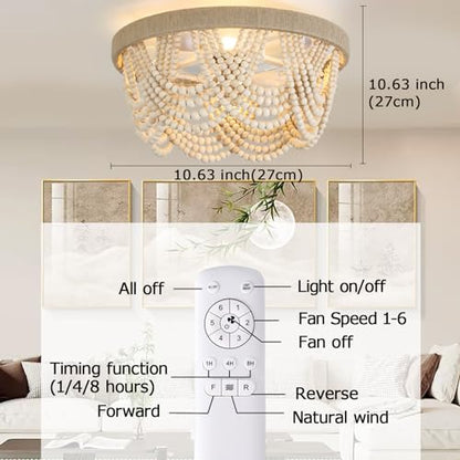 FUMLTP Boho Beaded Ceiling Fans with Lights and Remote Control, 19.7 Inch Low Profile Flush Mount Retro Ceiling Fans, 6-Speed Reversible DC Motor E26 Metal Bulb Base for Bedroom Kitchen - WoodArtSupply