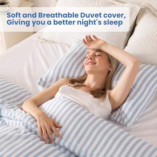 ROSE&RISY Blue Queen Duvet Cover Set, 3 Pieces Soft Bedding Queen Set, Breathable and Cooling,Includes 1 Duvet Cover, 2 Pillow Cases (Blue Stripe, Queen) ROSE&RISY