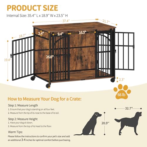 Hzuaneri 37.4" Dog Crate Furniture with Wheels, Wooden Pet Cage Indoor with Barn Door, L Dog Kennel Heavy Duty, Decorative Pet Crate for Small/Medium Dogs, End Table TV Stand, Rustic Brown DFC86201B Hzuaneri