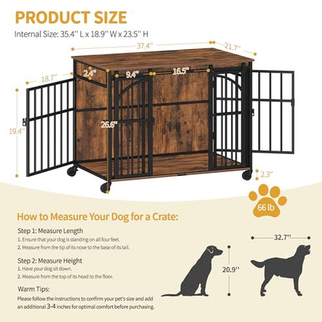 Hzuaneri 37.4" Dog Crate Furniture with Wheels, Wooden Pet Cage Indoor with Barn Door, L Dog Kennel Heavy Duty, Decorative Pet Crate for Small/Medium Dogs, End Table TV Stand, Rustic Brown DFC86201B Hzuaneri