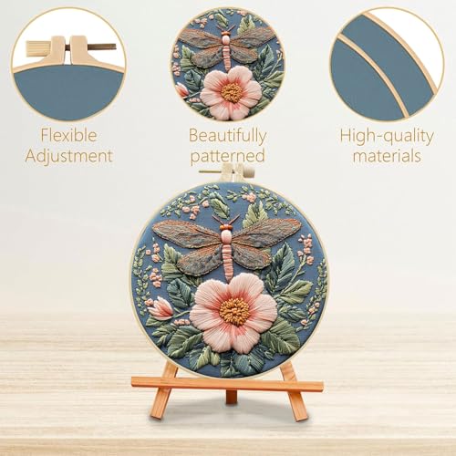 SCECALA 4 Pack Spring Floral Embroidery Kit - Blue Dragonfly Flower Hand Embroidery Kit for Beginners with Pattern, Complete Cross Stitch Supplies DIY Craft for Adults Sewing Hobby, 1pc Hoops