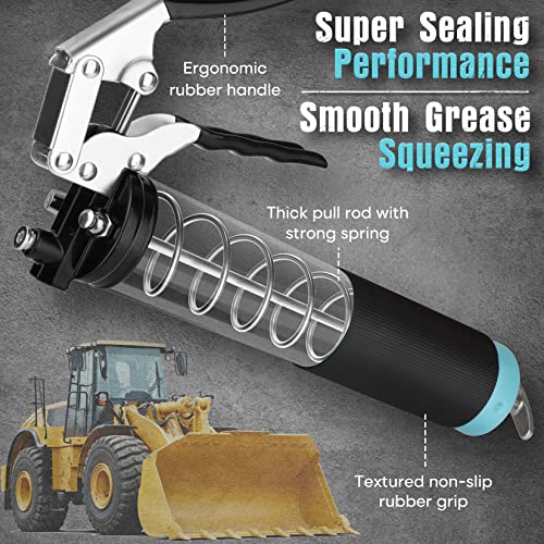 SHALL Grease Gun, 7000 PSI Heavy Duty Pistol Grip Grease Gun Kit w/Grease Gun Coupler, 18” Spring Flex Hose, Reinforced Coupler, 2 Extension Rigid Pipe, Sharp Nozzle, Fittings Cleaner | 14oz Load SHALL