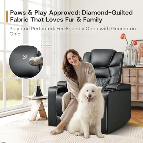 ANJ Power Recliner Chair with USB Port, Electric PU Leather Home Theater Seating for Living Room, Movie Reclining Chairs with Blue Ambient Lighting, Hidden Arm Storage, Cup Holders (Black)