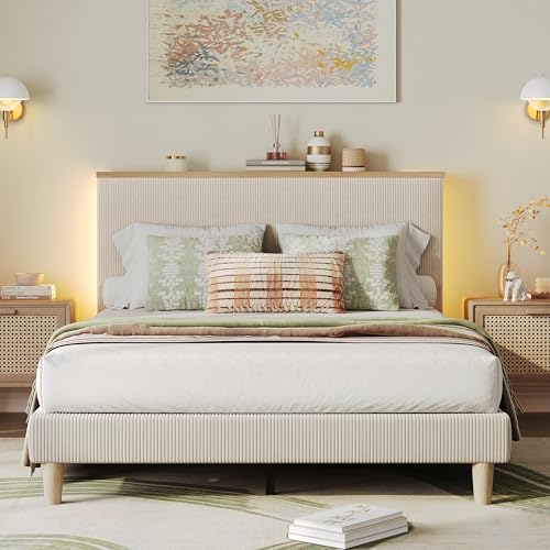 Bestier Queen Bed Frame with Adjustable Headboard & LED Lighting, Corduroy Upholstered Platform Bed Frame with Storage Shelf, Solid Wood Slats, No Box Spring Needed, Never Squeak, Easy Assembly, Beige Bestier