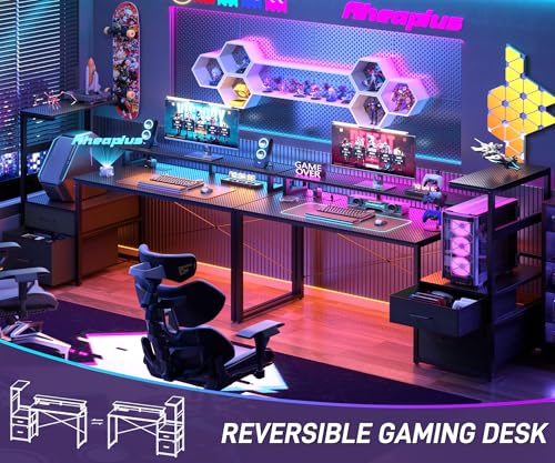 Aheaplus Gaming Desk with LED Strip & Power Outlet, 59Inch Reversible Computer Desk with Monitor Stand & Storage Shelves, Home Office Desks with Fabric File Drawer, PC Gamer Table, Carbon Fiber Black Aheaplus