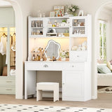 FACBOTALL Computer Desk with Hutch and RGB Lights, 65" Office Desk with Power Outlet, Makeup Vanity with 3 Doors & 3 Drawers, White Executive Desks for Home, Work and Study FACBOTALL