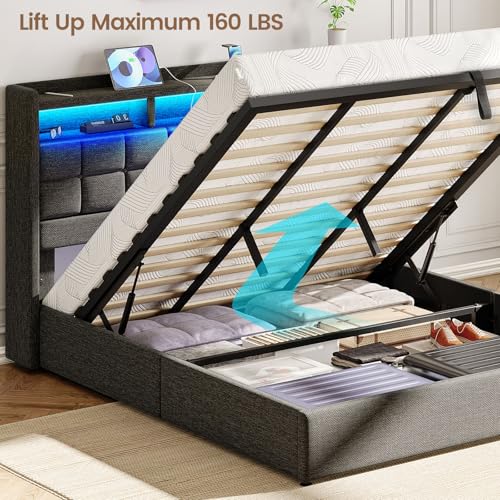 Driftalia Lift Up King Size Bed Frame with Storage, Upholstered King Bed Frame with Charging Station and LED Lights Headboard, No Box Spring Needed, Easy Assembly - Dark Grey Driftalia