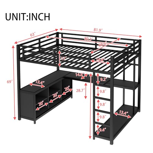 Queen Loft Bed with L-shaped Desk and Wardrobe, Metal Loftbed with Storage Cubes and Shelves, Heavy-duty Loft Bed Frame for Kids, Teens, Adults, Noise-free and No Box Spring Needed Design, Black Bellemave