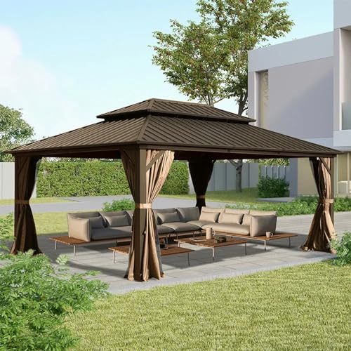 Domi Hardtop Gazebos 12x16FT, Aluminum Metal Gazebo with Galvanized Steel Double Roof Canopy, Curtain and Netting, Permanent Gazebo Pavilion for Patio, Backyard, Deck and Lawn, Brown