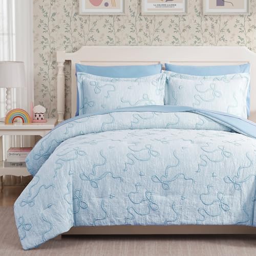 Geniospin Light Blue Full Comforter Set for Girls- 7 Pieces Bowknot Jacquard Bed in A Bag Full Bedding Sets with Sheets, Pillowcases & Shams, All Season Kids Comforter Set Geniospin