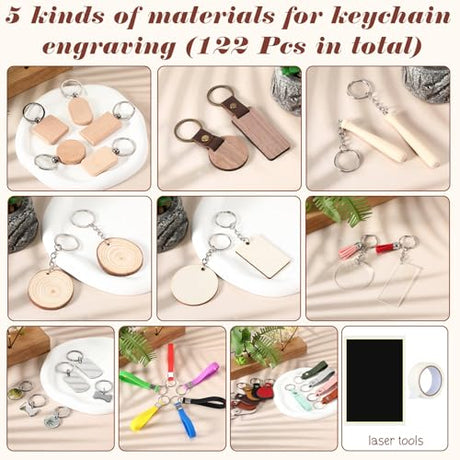 Tondiamo 69 Pcs Laser Engraving Blanks Keychains Bulk Laser Engraver Accessories Keychain Blanks Including Wood, Stainless Steel, Acrylic, PU Leather, Silicone and Marking Paper Tape Tondiamo