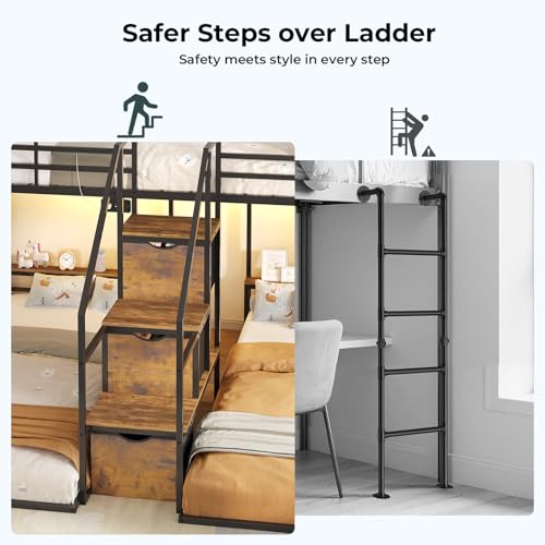 ADORNEVE Triple Bunk Bed with Storage Staircase, RGB Lights & Charging Station, Twin Over Twin, Heavy Duty Metal 3 Bunk Beds with Drawers & Headboard Shelf, Safety Guardrails, for Kids, Black ADORNEVE
