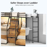 ADORNEVE Triple Bunk Bed with Storage Staircase, RGB Lights & Charging Station, Twin Over Twin, Heavy Duty Metal 3 Bunk Beds with Drawers & Headboard Shelf, Safety Guardrails, for Kids, Black ADORNEVE