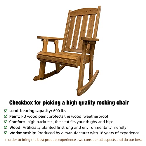 Wooden Rocking Chair with Comfortable Backrest Inclination, High Backrest and Deep Contoured Seat, Solid Fir Wood, Heavy Duty 600 LBS, for Both Outdoor and Indoor, Backyard, Porch and Patio - WoodArtSupply