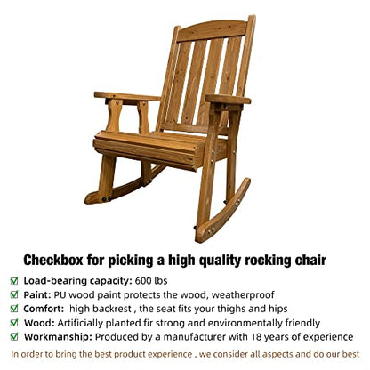 Wooden Rocking Chair with Comfortable Backrest Inclination, High Backrest and Deep Contoured Seat, Solid Fir Wood, Heavy Duty 600 LBS, for Both Outdoor and Indoor, Backyard, Porch and Patio - WoodArtSupply