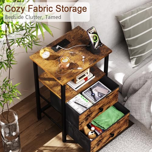 LOAKEKEL Nightstand with Charging Station, End Table with 2 Fabric Drawers, Night Stand for Bedroom, Small Bed Side Table with USB Ports and Outlets for Living Room, Brown, HETS020BR-1 LOAKEKEL