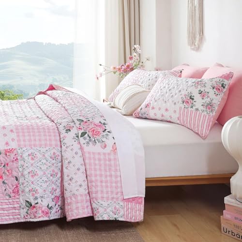 YIKUSH Quilt Sets Queen Size Floral Quilt Set 3 Pieces Bedding Set Bedspreads Pink Comforter Blanket with 2 Pillow Cases- Ultra Soft Floral Coverlet with Printed Pattern 90in.x 90in YIKUSH