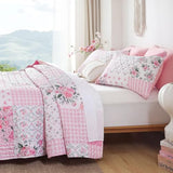 YIKUSH Quilt Sets Queen Size Floral Quilt Set 3 Pieces Bedding Set Bedspreads Pink Comforter Blanket with 2 Pillow Cases- Ultra Soft Floral Coverlet with Printed Pattern 90in.x 90in YIKUSH