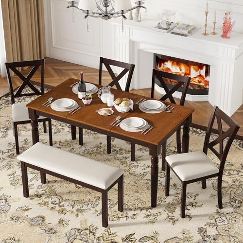 AMERLIFE 6-Piece Farmhouse Dining Table Set, 60” Solid Wood Table with 4 Upholstered Chairs & Bench, Comfortable Seating for 6, for Kitchen or Dining Room, Brown & Black Finish AMERLIFE