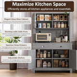 IDEALHOUSE 63" Kitchen Pantry Cabinet with Drawers, Hutch Cabinet with Storage, Microwave Stand, Adjustable Shelves, Freestanding Tall Pantry Storage for Dining Room, Living Room, Grey IDEALHOUSE