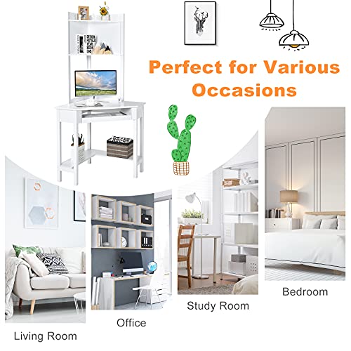 Tangkula White Corner Desk with Hutch, 90 Degrees Triangle Computer Desk with Keyboard Tray & Bookshelves for Small Space, Space Saving Writing Desk with Storage Shelves for Bedroom Apartment Tangkula