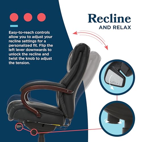 La-Z-Boy® Bellamy Executive Office Chair with Memory Foam Cushions, Real Wood Arms and Swivel Base, Waterfall Seat Edge, Faux Bonded Leather, Black La-Z-Boy