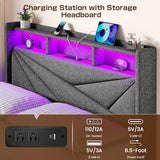 Driftalia Queen Bed Frame with 4 Storage Drawers, Upholstered Bed Frame Queen Size with LED Lights Headboard and Charging Station, No Box Spring Needed, Easy Assembly - Dark Grey Driftalia