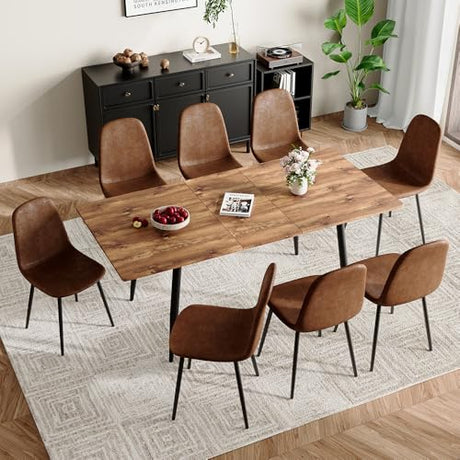 Rejeke 59"-75" Extendable Dining Table Set for 8,Wood Dining Room Table Set for 8,Mid Century Rectangular Kitchen Table with 8 Upholstered Chairs (Easy Assembly,Space-Saving) Rejeke