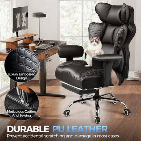 COMHOMA Big and Tall Office Chair 400LBS Heavy Duty Gaming Chair with Deluxe Embossing Leather High Back Wider Ergonomic Computer Chair with Foot Rest 150°Reclining Pocket Spring Lumbar Support COMHOMA