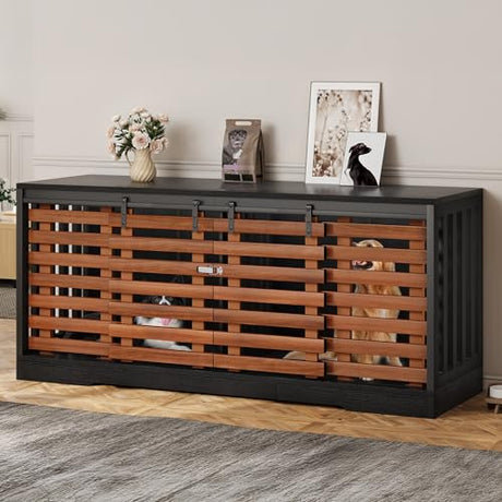 DWVO 71" Double Dog Crate Furniture for 2 Dogs with Sliding Fence Door, Heavy Duty Dual Dog Kennel TV Stand Large Dogs, Indoor Decorative Wooden 2 Dog Cage Table for Living Room, Black & Walnut DWVO