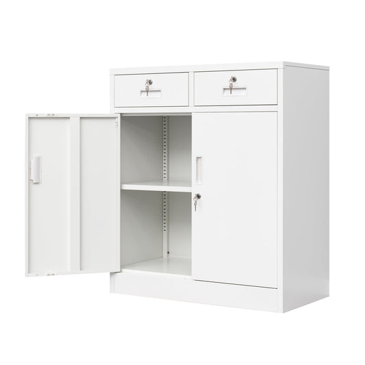 CMY Metal Storage Cabinet with Locking Doors and Adjustable Shelve, 36" H Steel Cabinet with Two Drawers, Locking Storage Cabinet for Office, Garage, Home-White - WoodArtSupply