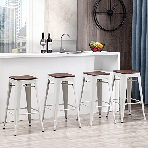 Alunaune 24" Metal Bar Stools Set of 4 Industrial Backless Counter Height Barstools Kitchen Patio Stool Stackable with Wooden Seat- White Alunaune