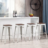 Alunaune 24" Metal Bar Stools Set of 4 Industrial Backless Counter Height Barstools Kitchen Patio Stool Stackable with Wooden Seat- White Alunaune