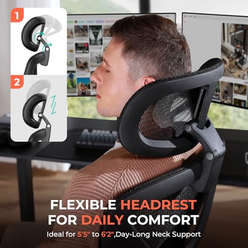CAPOT Ergonomic Mesh Office Chair, Adjustable Lumbar High Back Desk Chair 400lbs, 4D Flip-up Arms, 3-Level Tilt Backrest, 3D Headrest, PU Wheels, Swivel Rolling Computer Seating for Long Desk Work CAPOT