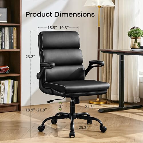 Office Chair Adjustable Desk Chair Mid Back Executive Comfortable Bonded Leather Ergonomic Back Support Home Computer Chair with Padded Flip-up Armrest Swivel Wheels (Black) amseatec