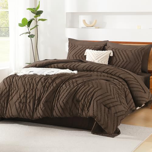 Litanika Queen Size Comforter Set with Sheets Brown - 7 Pieces Bed in a Bag Queen Chevron Tufted Complete Bedding Sets with Comforter, Sheets, Pillowcases & Shams