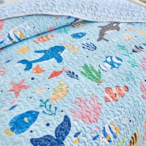 Joyreap 3 Pieces Full/Queen Size Cotton Quilt Set, World of The Sea Theme Ocean Blue Design, Cozy Lightweight Bedding Set Quilt Bedspread Bed Cover for for Kids Boys n Girls- 90x90 inches Joyreap