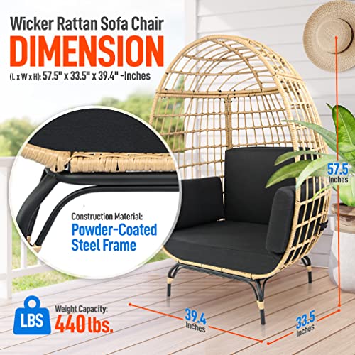 SereneLife Wicker Rattan Egg Chair with Cushions, Indoor Outdoor Egg Chair with Steel Frame and Washable Pillows, Woven Texture, Comfortable Design for Porch, Deck, Garden, or Room, Holds Up to 440lbs SereneLife