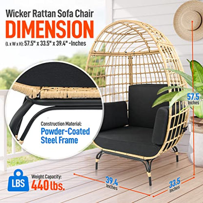 Jovial Wicker Rattan Egg Chair,Indoor Outdoor Black Sofa Chair for Patio Backyard and Living Room with 4 Cushions and Powder Coated Steel Frame,Woven Texture Contemporary Ribbed Back Design - WoodArtSupply