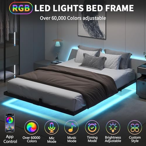 HOMBCK Floating Bed Frame Full Size with LED Light, Modern Metal Bed Frame, No Box Spring Needed, Noise Free, Easy Assembly HOMBCK