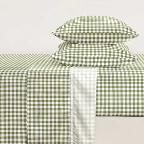 Wake In Cloud - Gingham Bed Sheets, 4-Piece Sheet Set, Plaid Checkered Check Pattern Printed Cute Preppy College Dorm Bedding, Deep Pocket, Moss Green, Full Size Wake In Cloud