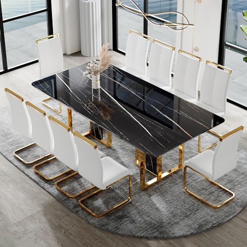 JUFU Dining Table Set for 10, 79'' Dining Table for 8-10 People with Faux Marble Tabletop and Sturdy Leg, White Rectangle Dining Room Table Set for 10 with White PU Chairs, Perfect for Dining Room JUFU