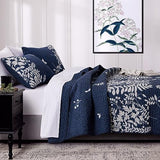 Wake In Cloud - Floral Quilt Set, Botanical Elegant Flower Tree Leaf Modern Pattern Printed, Reversible Lightweight Bedspread Coverlet, 3 Pieces, Navy Blue Gray, Queen/Full Size Wake In Cloud