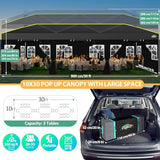 COBIZI 10x30 Pop Up Canopy Tent with Sidewalls - Party Outdoor Wedding Event for Parties - UPF 50+ Windproof Waterproof Gazebo with Air Vent, Wheeled Bag, Sandbag, Stake, Rope (Black) COBIZI