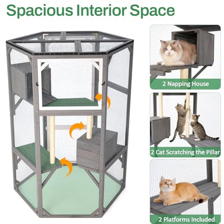 Catio Outdoor Cat Enclosures, Large Wood Cat House, Cat Enclosure Connect to Window with 2 Resting Box, 2 Platforms, 2 Scratching Pole FurrParner