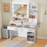 Sweetcrispy Vanity Desk with Adjustable Lighten Mirror & Power Outlet, Makeup Desk for Bedroom with a Storage Cabinet and 3 Drawers, 4 Storage Shelves, White Dresser for Girls Sweetcrispy