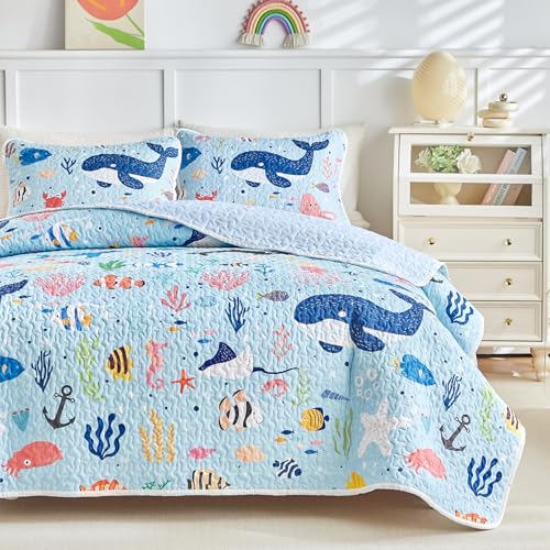 Joyreap 3 Pieces Full/Queen Size Cotton Quilt Set, World of The Sea Theme Ocean Blue Design, Cozy Lightweight Bedding Set Quilt Bedspread Bed Cover for for Kids Boys n Girls- 90x90 inches Joyreap